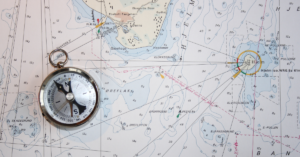 A compass sits atop a map