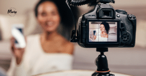 A woman using video marketing to sell a phone