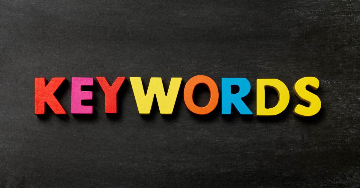 The phrase 'keywords' is written out in brightly colored blocks.