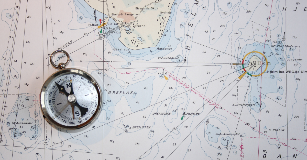 A compass sits atop a map