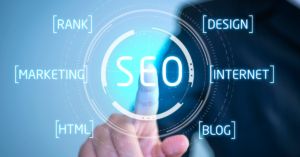 Circle graphic with "SEO" at the center. The surrounding words read: rank. marketing, html, design, internet, blog