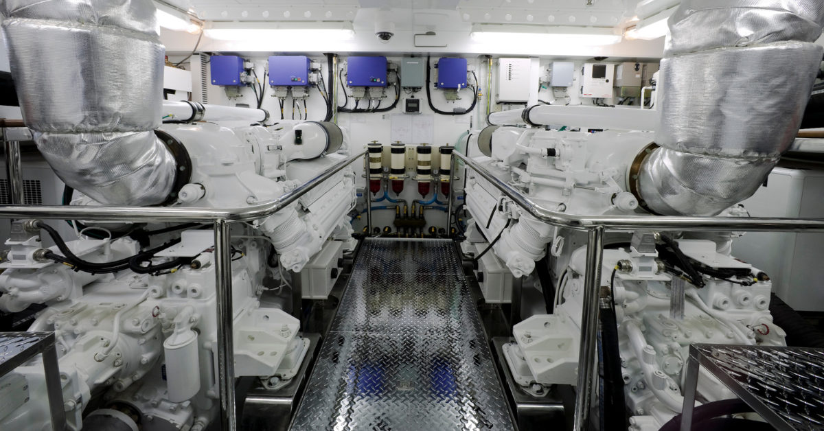 The inside of a yacht's engine room