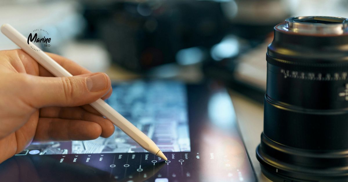 Editing photo settings on a tablet with a white stylus, shallow depth of field.