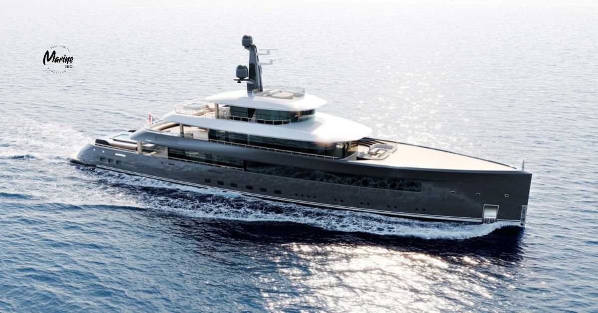 Modern motor yacht underway during sea trial, cutting through calm open water.