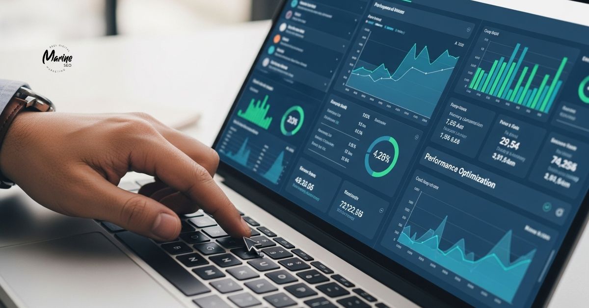 Person analyzing website performance metrics on a laptop screen with data visualisation widgets.