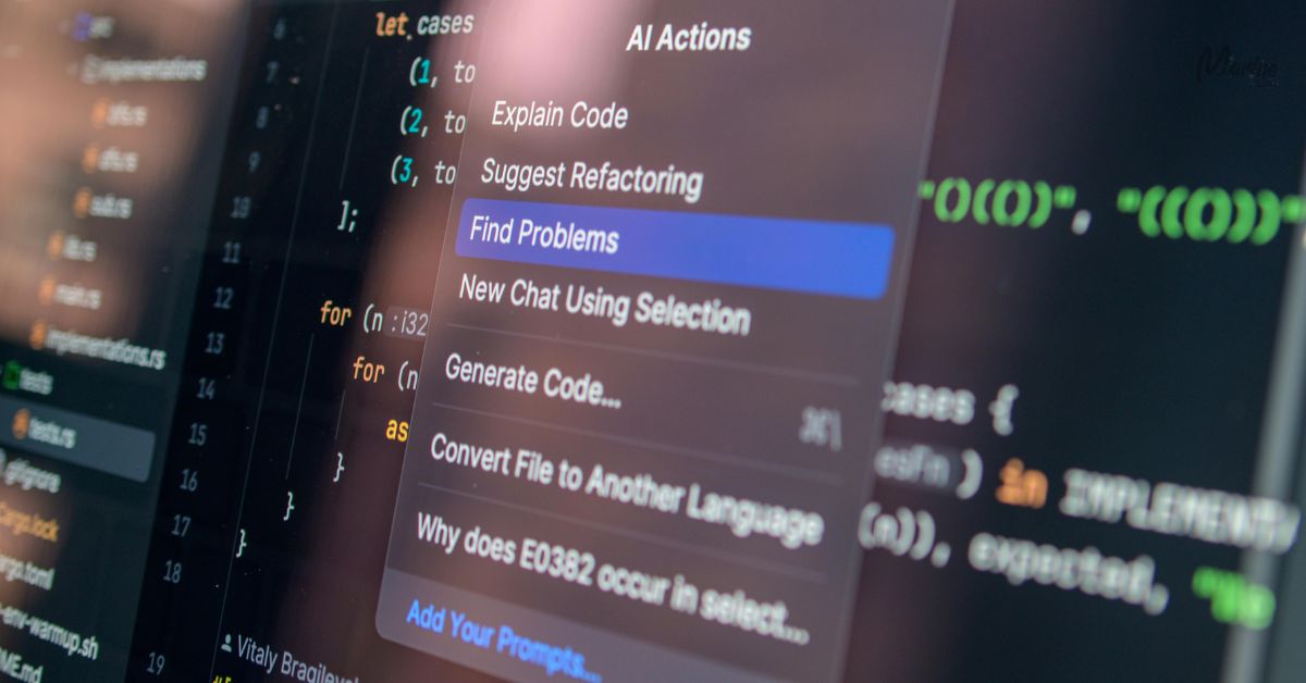 A close-up of a computer screen showing a code editor with a pop-up menu titled "AI Actions." The option "Find Problems" is highlighted in blue among other AI-assisted coding tools.