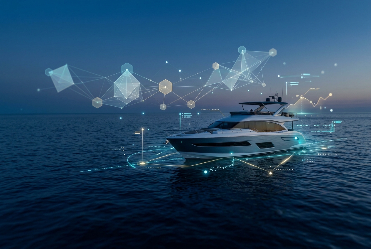Modern yacht navigating ocean at dusk with glowing digital data network vectors and connected nodes.