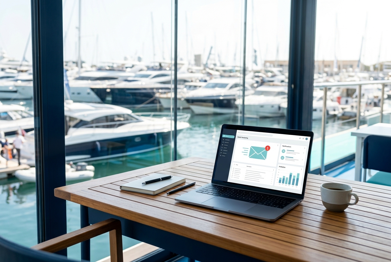 Laptop displaying an email marketing dashboard on a wooden desk overlooking a yacht marina in a waterfront office.