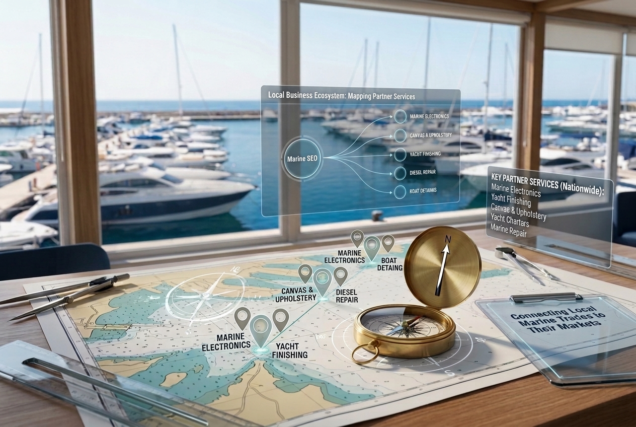 Brass compass and glowing digital map pins on a nautical chart on a desk overlooking a yacht marina.