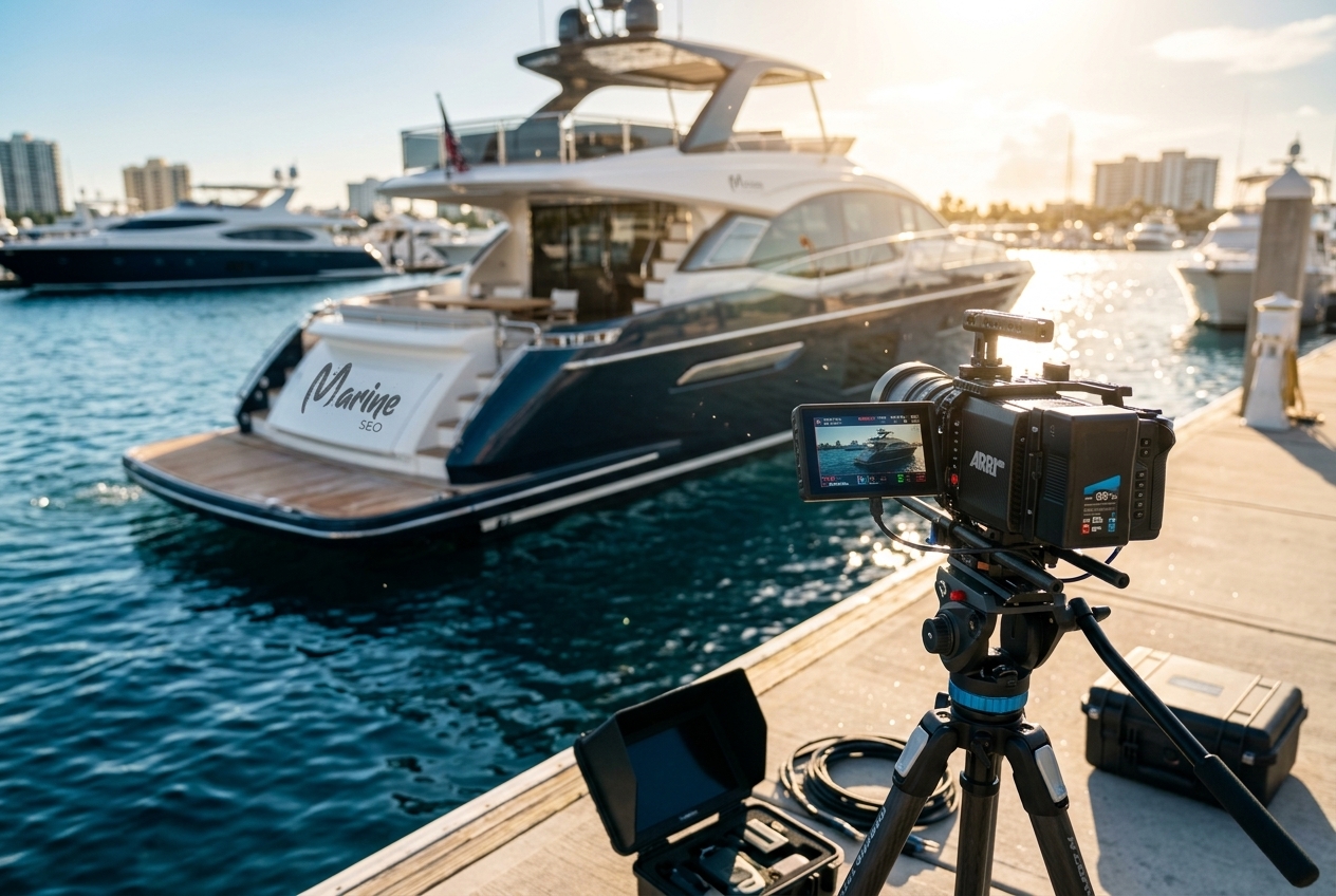 Professional video camera filming a luxury yacht at a marina dock for a commercial marine marketing shoot.